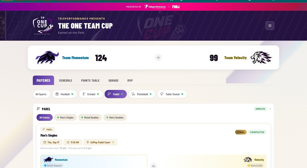 forjsports.live — Live tournament dashboard, The One Team Cup Teleperformance